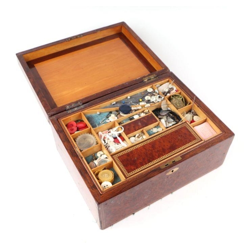 613 - A 19th century amboyna wood sewing box with boxwood and ebony cable inlay decoration and a lift out ... 