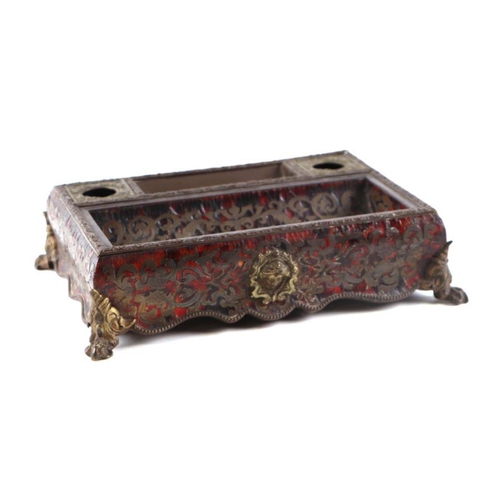 616 - A 19th century French boule work desk stand with a pair of inkwells and pen tray, on scroll feet, 24... 