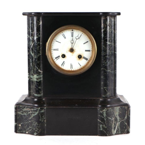 628 - A Victorian black slate and figured green marble mantel clock, the white enamel dial with Roman nume... 