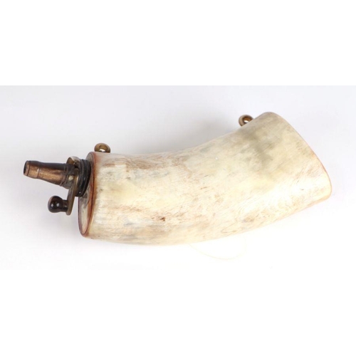 63 - A 19th century horn powder flask, with unusual horn spout and retention spring, fashioned entirely f... 