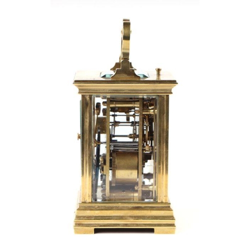 635 - A late 19th century / early 20th century French carriage clock, the rectangular white dial with Roma... 