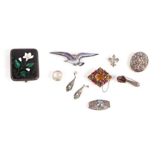 654 - A quantity of silver and white metal jewellery to include a pietra dura brooch; an enamel seagull br... 