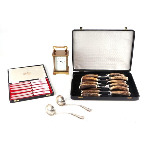 664 - A set of six antler handled steak knives & forks, cased; together with a set of six butter knive... 