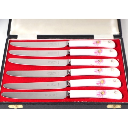 664 - A set of six antler handled steak knives & forks, cased; together with a set of six butter knive... 