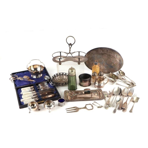 665 - A quantity of silverplated items to include teapots, telescopic candlesticks, swing handled basket a... 