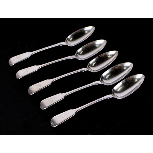 675 - A set of five early Victorian silver fiddle pattern tablespoons, London 1855, with armorials, 400g.