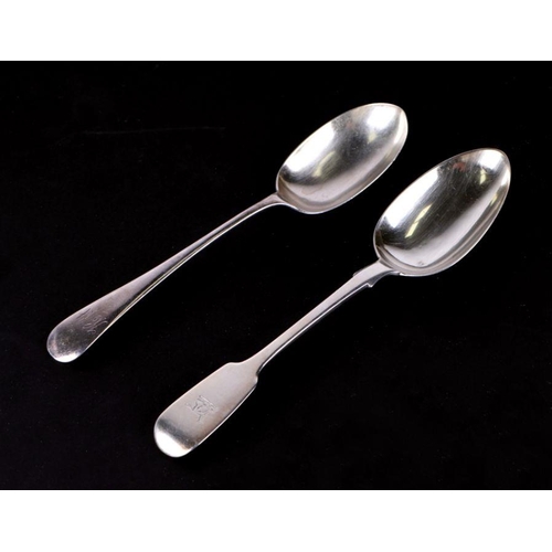 676 - An early Victorian silver fiddle pattern tablespoon, London 1847, crested; and a late Victorian silv... 