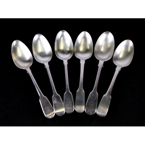 677 - A matched set of six late Victorian silver fiddle pattern dessert spoons, various dates and makers, ... 