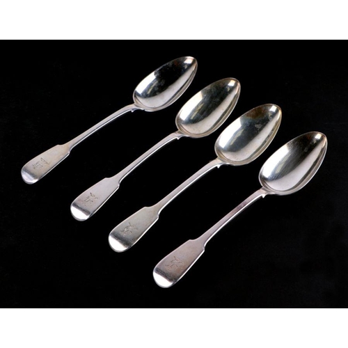 695 - A set of four George IV silver tablespoons, 22cm long; together with a matched set of five desert sp... 