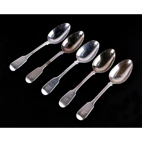 695 - A set of four George IV silver tablespoons, 22cm long; together with a matched set of five desert sp... 