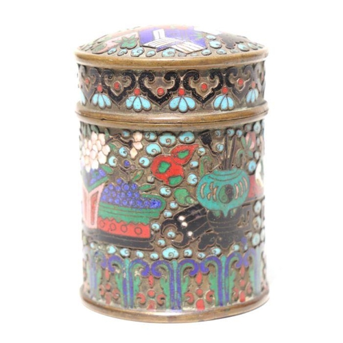 787 - A Chinese cloisonne box and cover of cylindrical form decorated with precious objects, 9.5cms high.