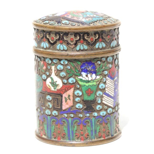 787 - A Chinese cloisonne box and cover of cylindrical form decorated with precious objects, 9.5cms high.