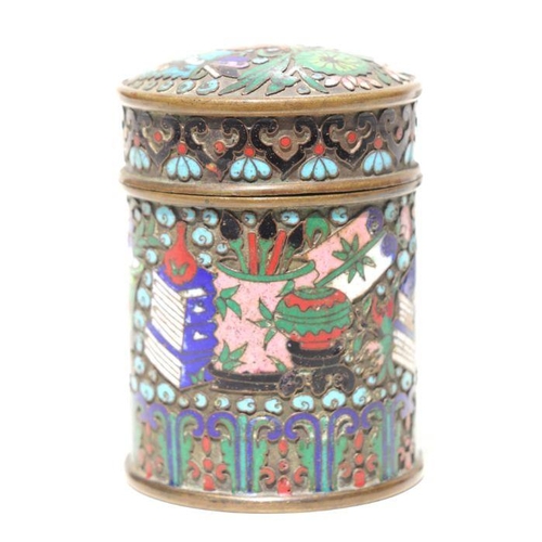 787 - A Chinese cloisonne box and cover of cylindrical form decorated with precious objects, 9.5cms high.