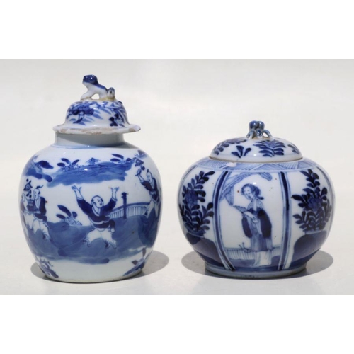 799 - A Chinese blue & white vase and cover decorated with figures in a landscape, 13cms high; together wi... 