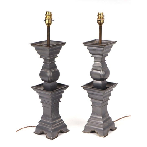 801 - A pair of Chinese pagoda shaped pewter table lamps, 41cm high, (2)