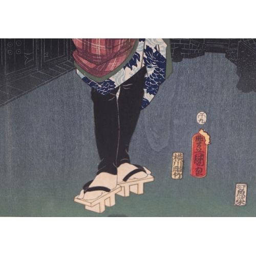 826 - Utagawa Kunisada (1786-1865) - a pair of coloured woodblock prints, unframed, 24 by 35cms; together ... 