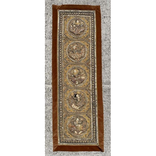 829 - A Burmese Kalaga sequin embroidered tapestry depicting dancing figures within roundels, 38cm by 126c... 