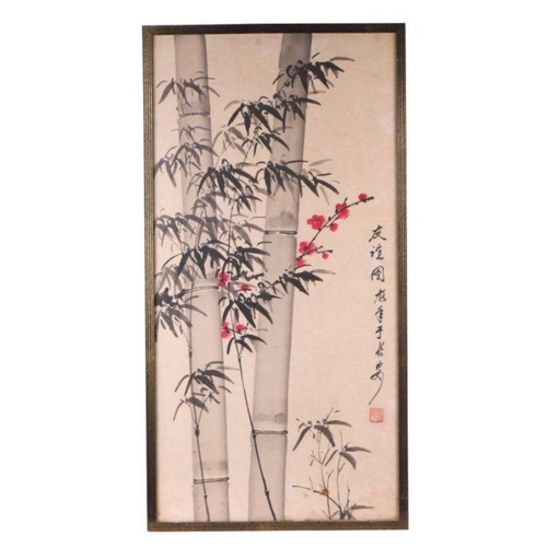 834 - Chinese school - Bamboo, Flowers and Calligraphy - watercolour, framed, 34 by 67cms.