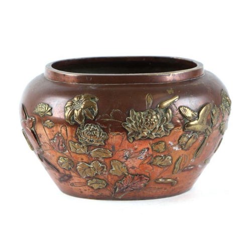 835 - A Japanese mixed metal jardinière decorated with birds and chrysanthemums, 25cm wide.