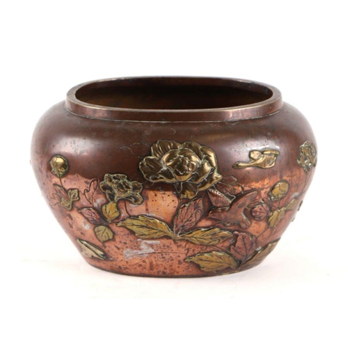 835 - A Japanese mixed metal jardinière decorated with birds and chrysanthemums, 25cm wide.