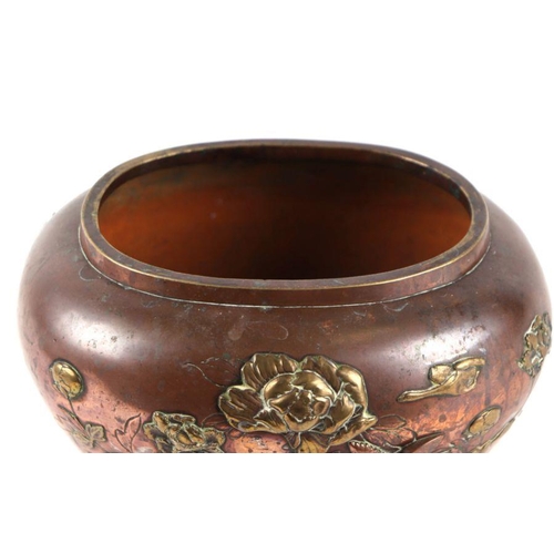 835 - A Japanese mixed metal jardinière decorated with birds and chrysanthemums, 25cm wide.