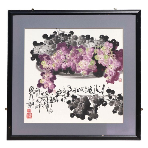 842 - Chinese School - Still Life of Grapes and Calligraphy - watercolour, signed with red character mark ... 