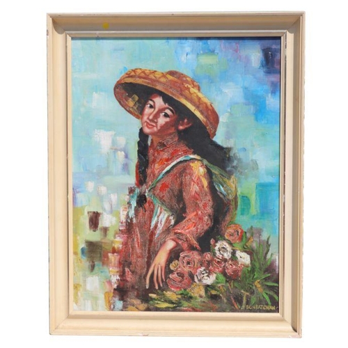 843 - Sun Kat Chan (20th century Chinese school) - The Flower Seller - oil on canvas, signed lower right, ... 