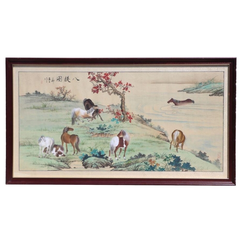 844 - Chinese School - Landscape with Horses in the Foreground - watercolour heightened with body colour, ... 