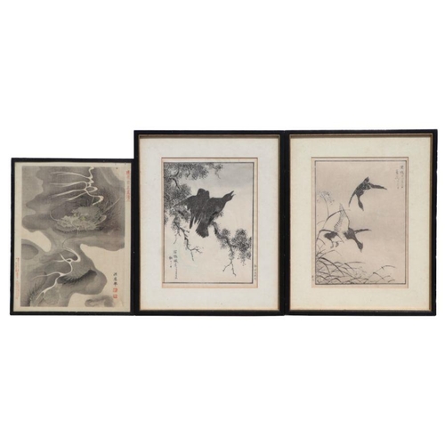 851 - Chinese school - two woodblock prints depicting birds; together with another similar depicting a dra... 