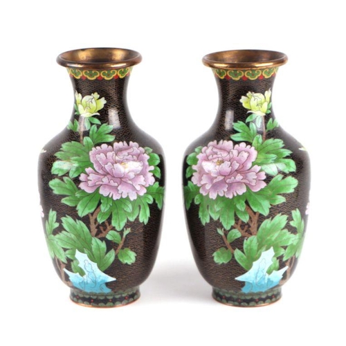 867 - A pair of Chinese cloisonne baluster form vases decorated with chrysanthemum and butterflies, each 2... 