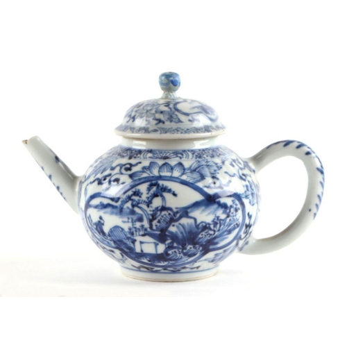 875 - A Chinese blue and white teapot decorated with figures within panels, probably Kangxi, 11cm high. Co... 