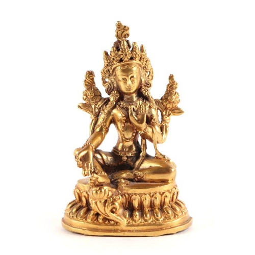 878 - A Sino-Tibetan gilt bronze green Tara Buddha, 11cm high; together with a Japanese gilt copper three-... 