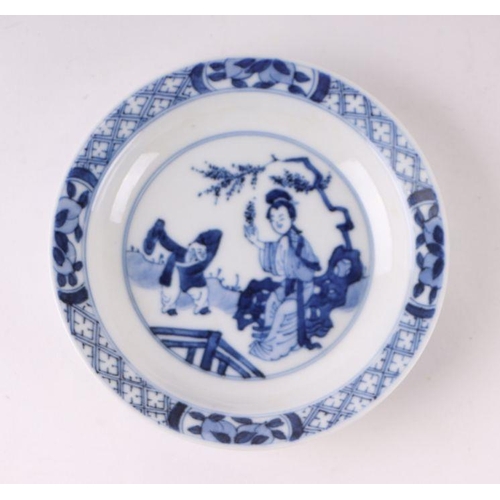 883 - A pair of Chinese blue and white dishes decorated with figures in a garden, four character blue mark... 