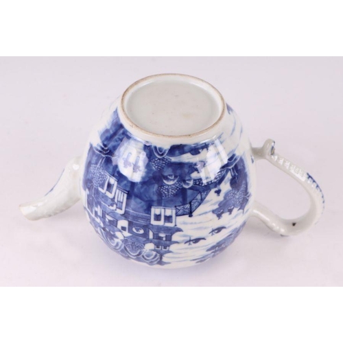 887 - A Chinese blue and white teapot decorated with a river landscape scene, 15cm high.