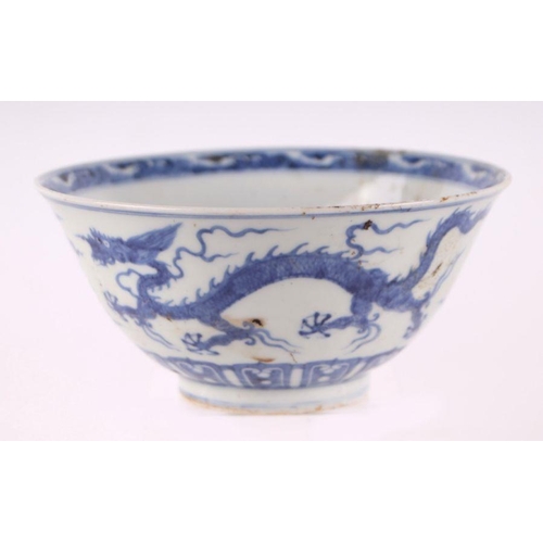 892 - A Chinese blue and white footed bowl decorated with dragons amongst clouds with six character blue m... 