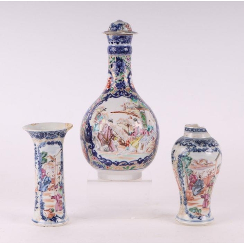 893 - A Chinese famille rose Mandarin pattern bottle vase and cover; together with a similar baluster vase... 