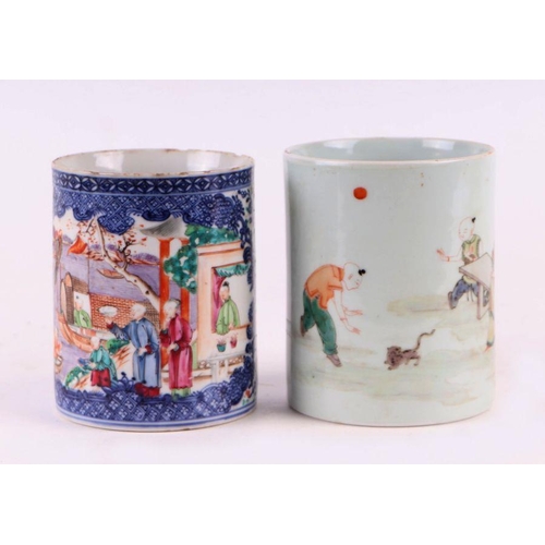 896 - A Chinese famille rose Bitong brush pot decorated with boys playing and a robed female seated on a b... 