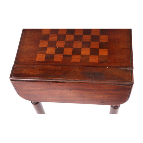 921 - A Victorian mahogany drop-flap games table with chess board top, on turned legs, 48cm wide.