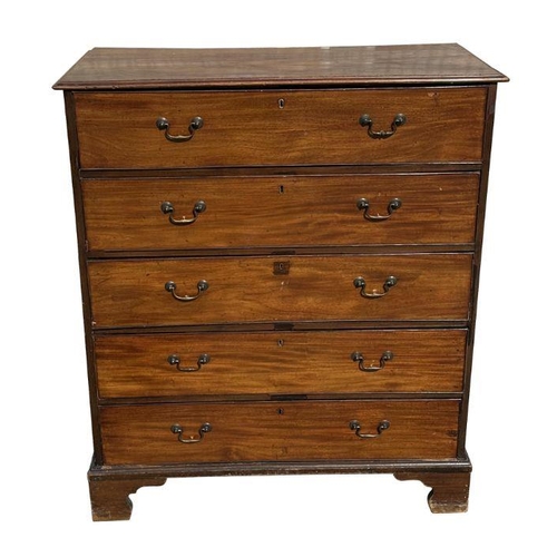 923 - A large early 19th century mahogany chest of five graduated long drawers, on bracket feet, 118cm wid... 