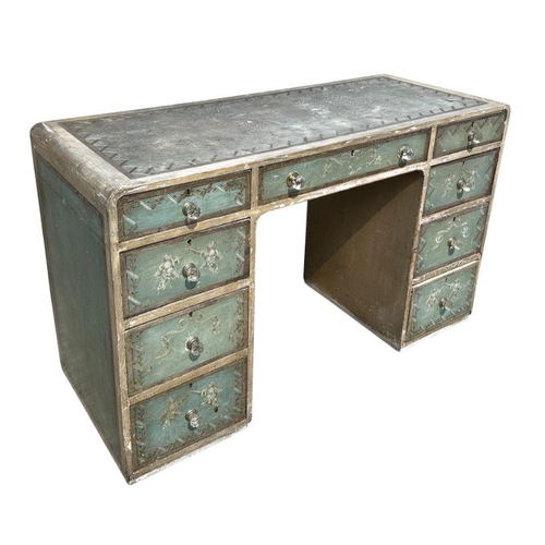 926 - An early 20th century painted pine desk or dressing chest with an arrangement of nine drawers, with ... 