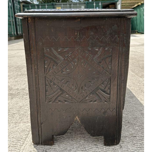 966 - A Victorian Edwards & Roberts 17th century style oak coffer with candle box and carved decoratio... 