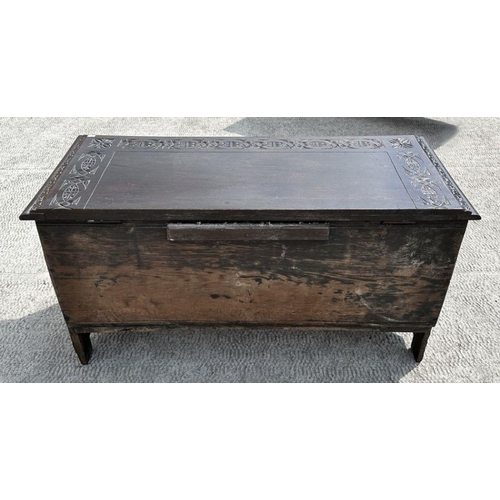 966 - A Victorian Edwards & Roberts 17th century style oak coffer with candle box and carved decoratio... 