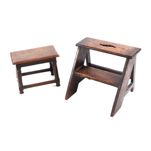 972 - A pair of oak bed steps, 41cm wide together with a miniature 17th century style oak joint stool, 33c... 