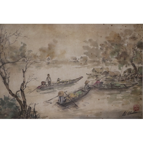 846 - Singapore school - River Scene with a Floating Market - watercolour, indistinctly signed with charac... 