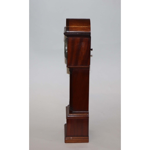 624 - A late 19th / early 20th century mahogany cased miniature longcase clock, the white enamel dial with... 