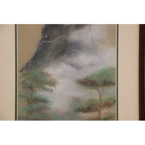 208 - (Burmese school) - Mountainous Landscape Scene, Mount Popa - signed lower right, pastel, framed & gl... 