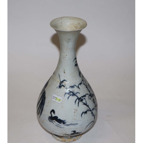 908 - A Chinese blue and white bottle vase decorated with birds and foliage, 25cm high.