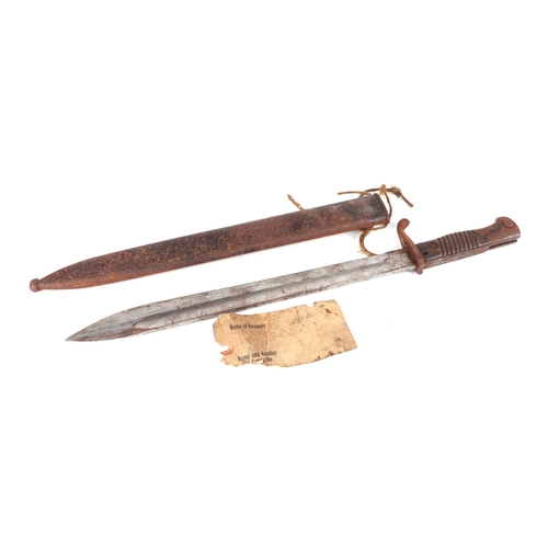 129 - A WWI German butcher bayonet & scabbard, the blade marked H Mundlos & Co Magdeburg with the remains ... 