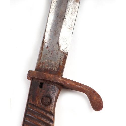 129 - A WWI German butcher bayonet & scabbard, the blade marked H Mundlos & Co Magdeburg with the remains ... 