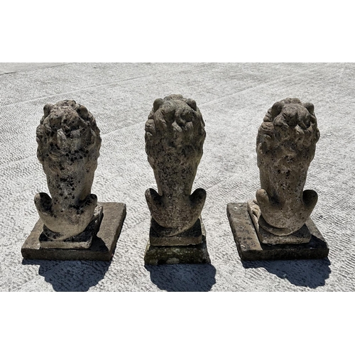 13 - A group of three reconstituted stone seated lions, 44cm high. (3)